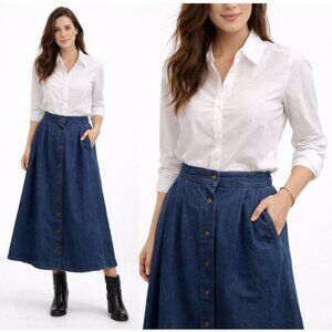 Koret Denim Button-Front A-Line Skirt Size M/L Blue Casual Midi Skirt